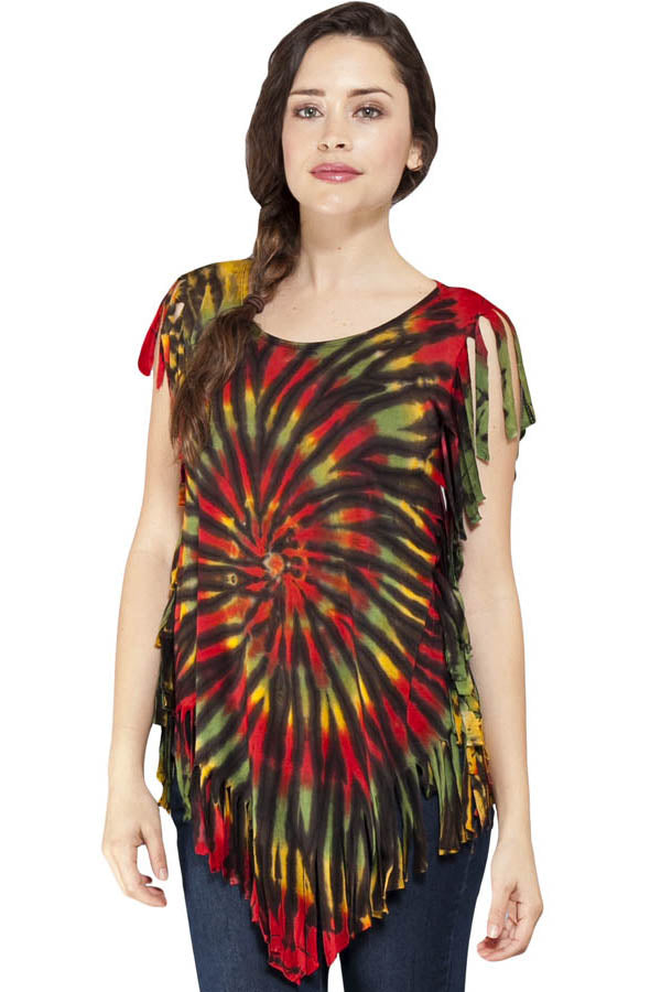 Rasta Reggae Spiral Tie-Dye Festival Summer Top With Fringes