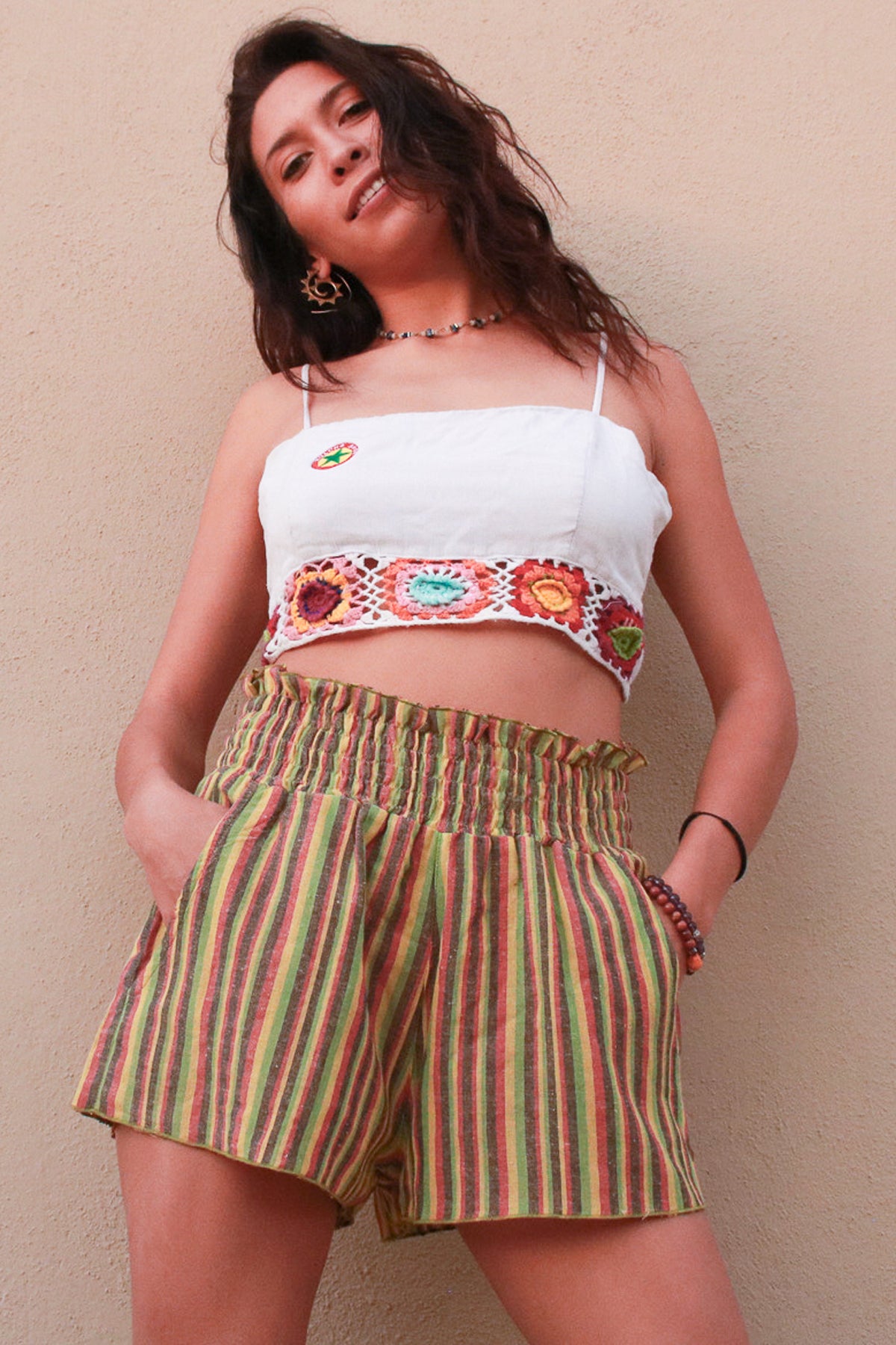 High Rise Ruffled Waist Light Rasta Reggae Stripe Shorts